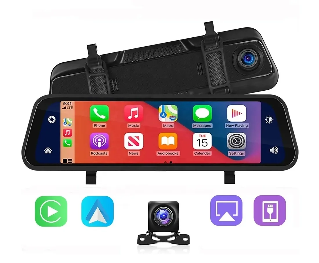 Relee 9.66 Inch Dash Cam Carplay 4k Front Rear Camera DVR Full Touch Mirror Screen Wide Angle Night Vision Camera Car Recorder