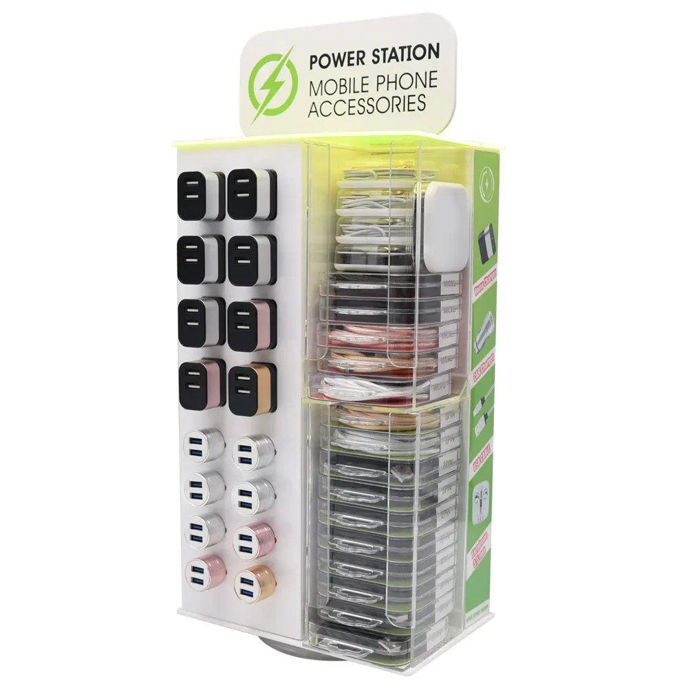 OEM Acrylic Accessory Car Wall Charger Cable Display Rotation Stand Crystal Box Mobile Phone Charger Cable Display Rack Stand