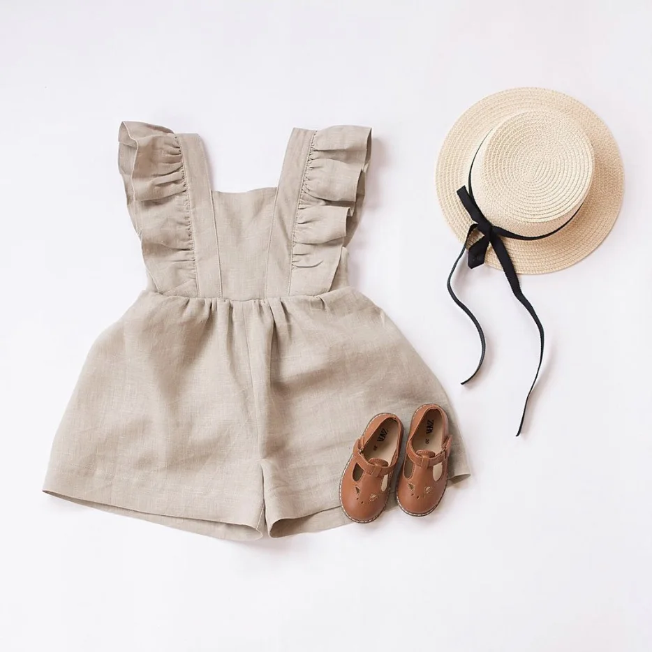 New Arrival Summer Cotton and Linen Jumpsuit For Baby Girls Ruffled Square Collar Casual Infant Newborn Romper Clothes