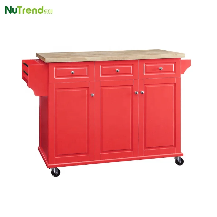 Rubber Wood Top Big Rolling Organizer Cart  3 Doors 3 Drawers Classical Kitchen Islands Movable Storage Cabinet on Wheels