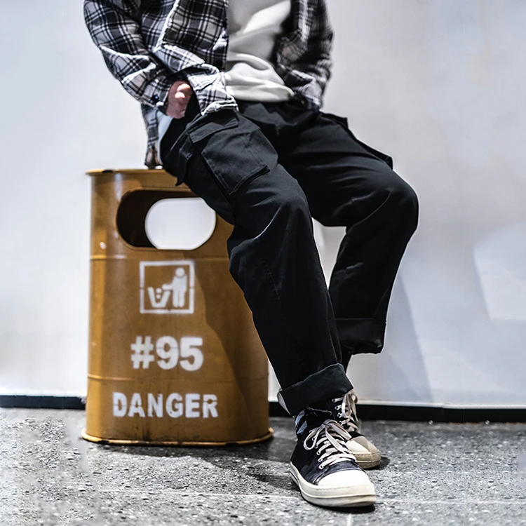 Mens hot selling casual vintage hip hop wide leg straight trousers autumn army green webbing cotton baggy cargo pants