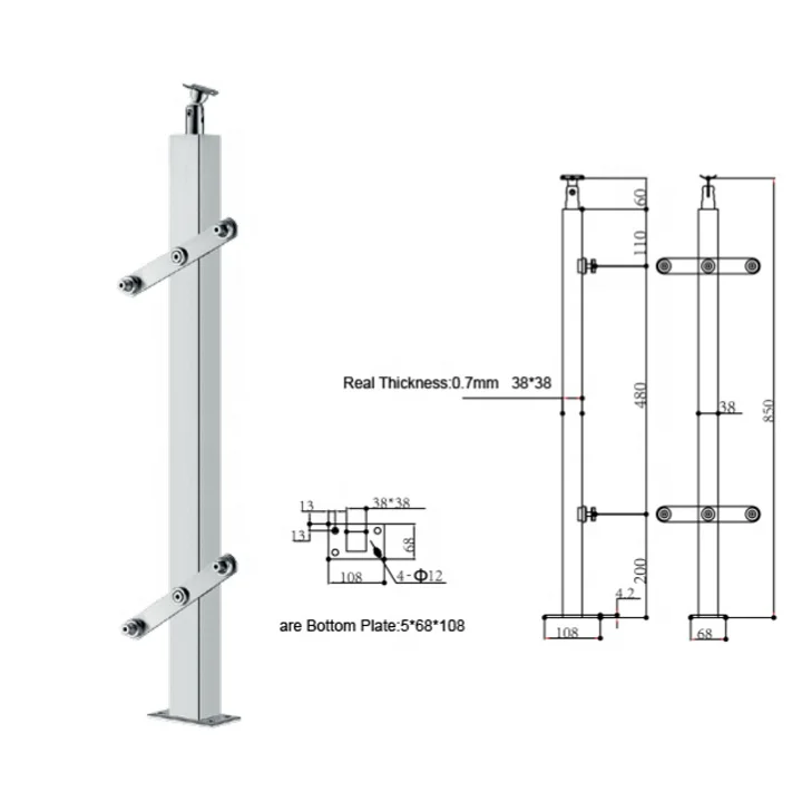 High Quality Stair/Balcony Railing Pillar System Stainless Steel Posts Tempered Glass Railing post