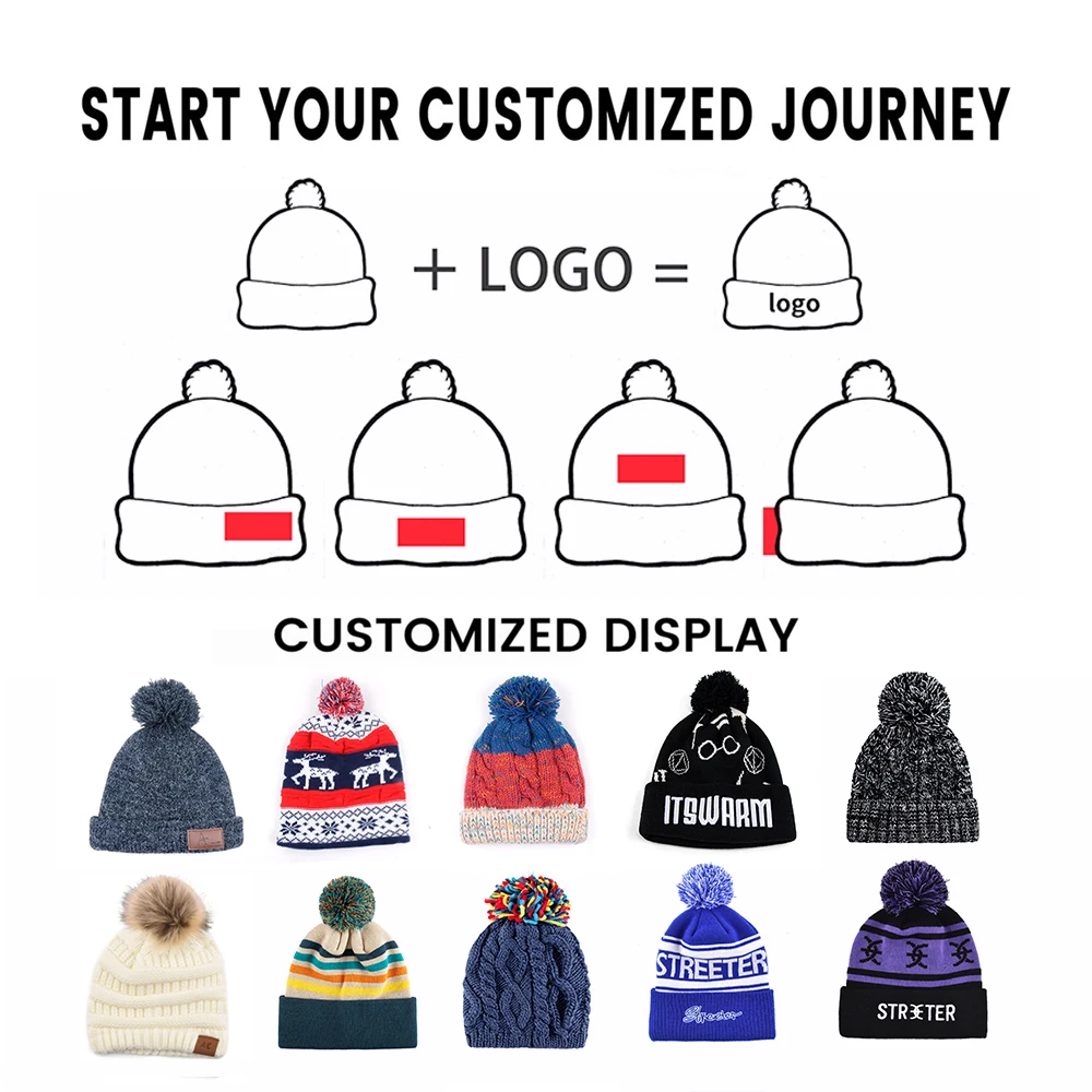 New Fashion customize unisex embroidery patch acrylic winter knitted hats pom pom beanies with custom logo