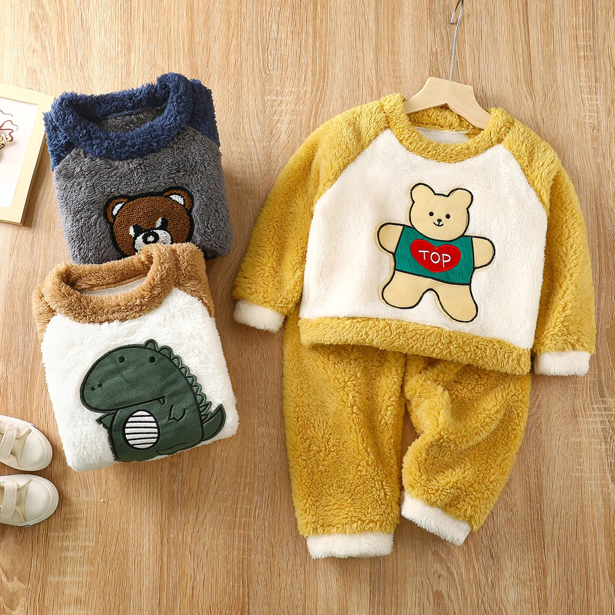 cotton kids thicken winter plush warm bear children pajama print dinosaur animals suit shirts children warm suit pajamas