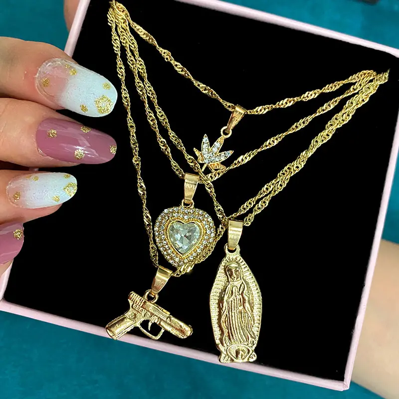 
Bohemian Fashion Jewelry For Women Gold Color Pistol Crystal Love Heart Virgin Mary Pendant Clavicle Chain Multilayer Necklace 