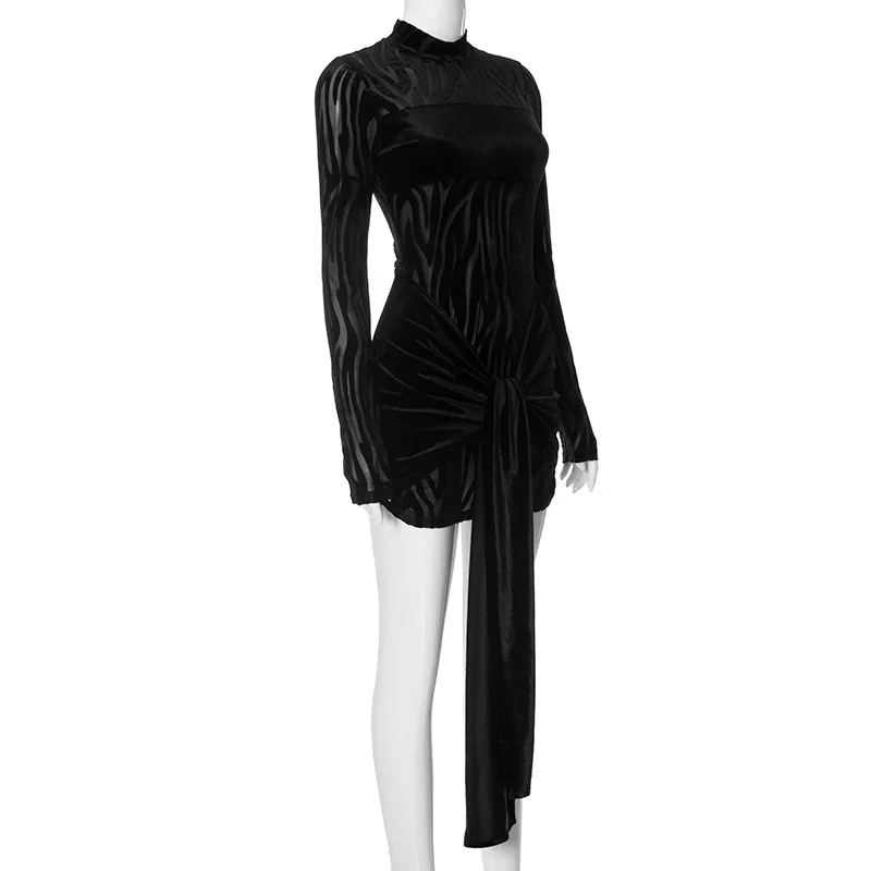 D23ds241 Autumn Winter 2024 New Zebra Striped Patchwork Mesh O-neck Long Sleeve Sexy Mini Dress Bodycon Clothes For Women