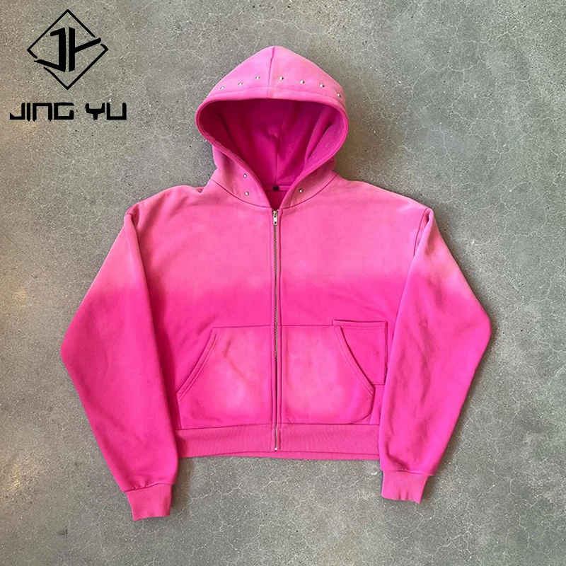 functional Custom rivet rhinestone Hoodie Fleece Jacket French Terry Cotton Vintage Distressed Gradient acid wash zip up Hoodie