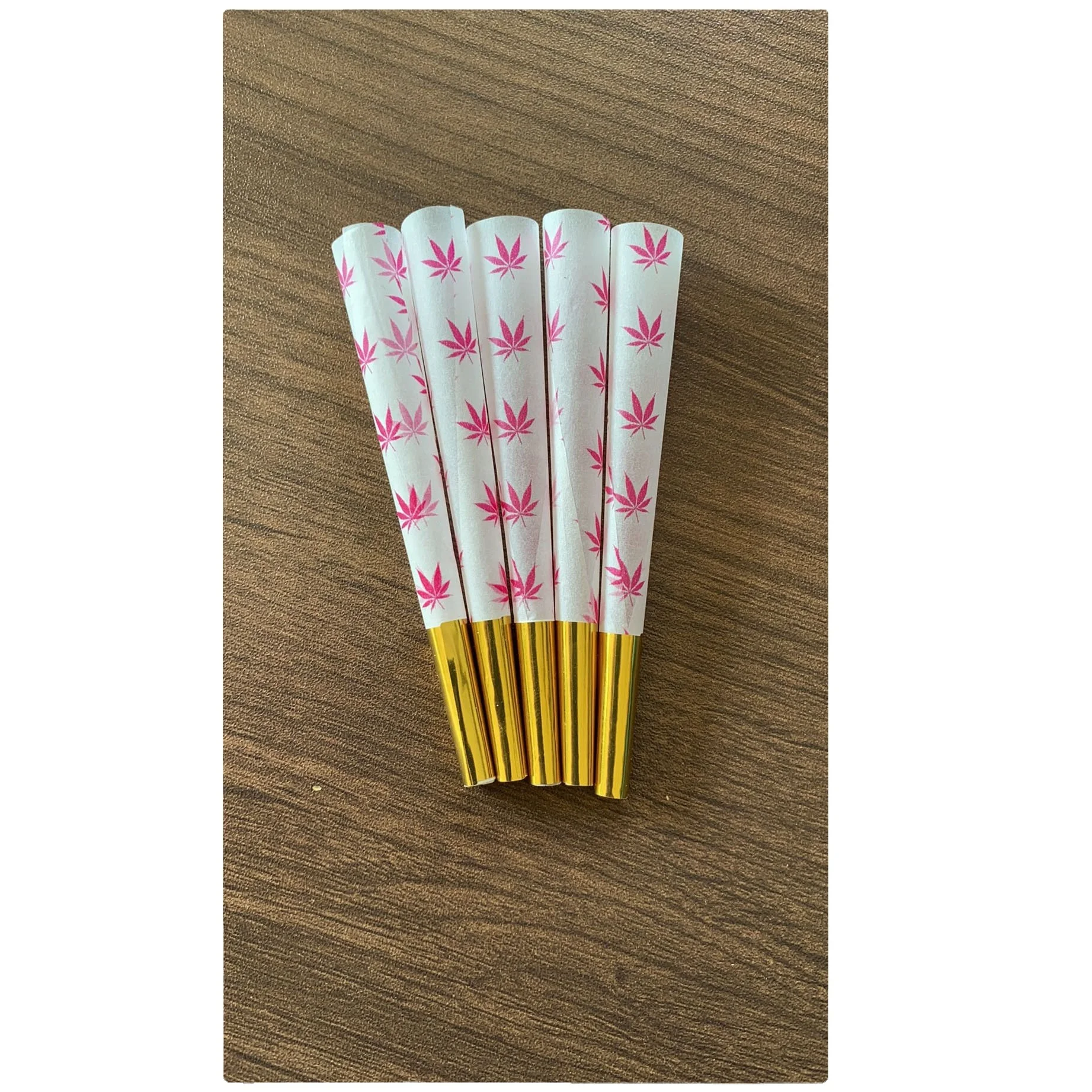 
medium size 98x26mm pink pre rolled cones printed with leaf pattern 