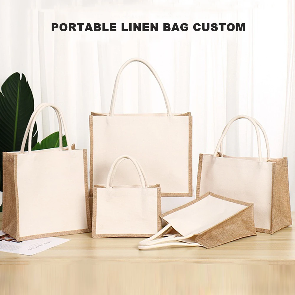 Reusable women handbags gym beach travel pool custom tote bag linen jute canvas shopping bag