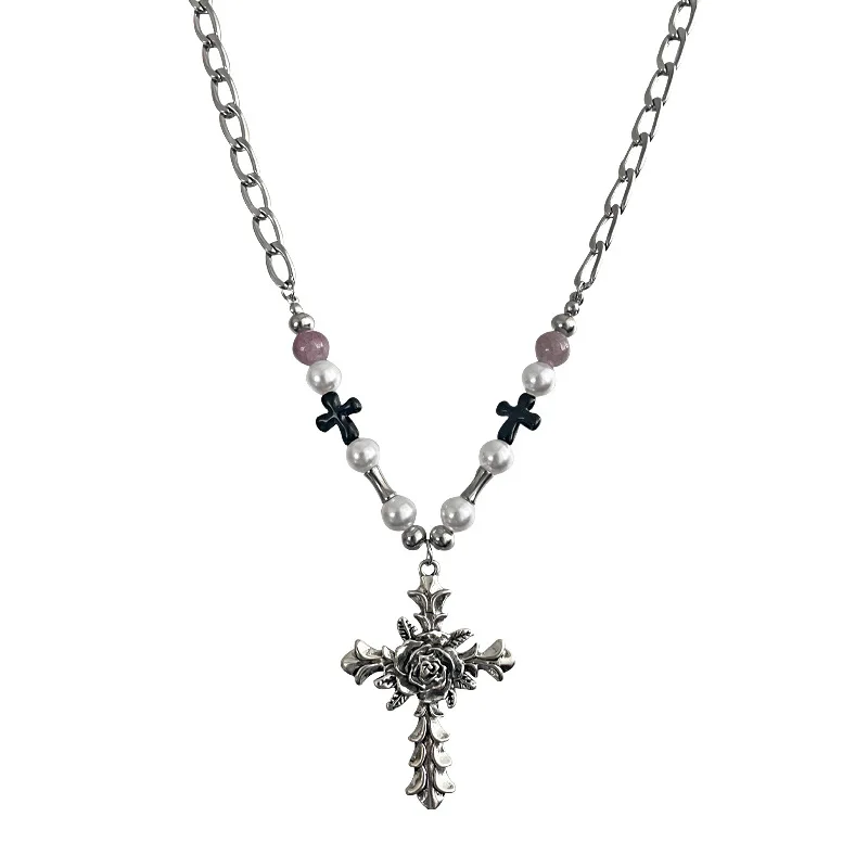 Vintage Personality Flower Cross Pendant Necklaces for Men Women Ins Hip-hop Pearl Beaded Necklace Jewelry Accessories