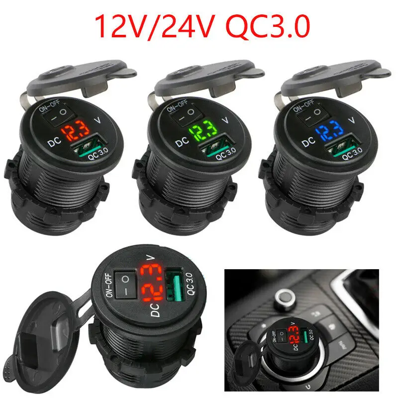 12V -24v Single USB charger with voltmeter and button ON-OFF control switch for car marine boat