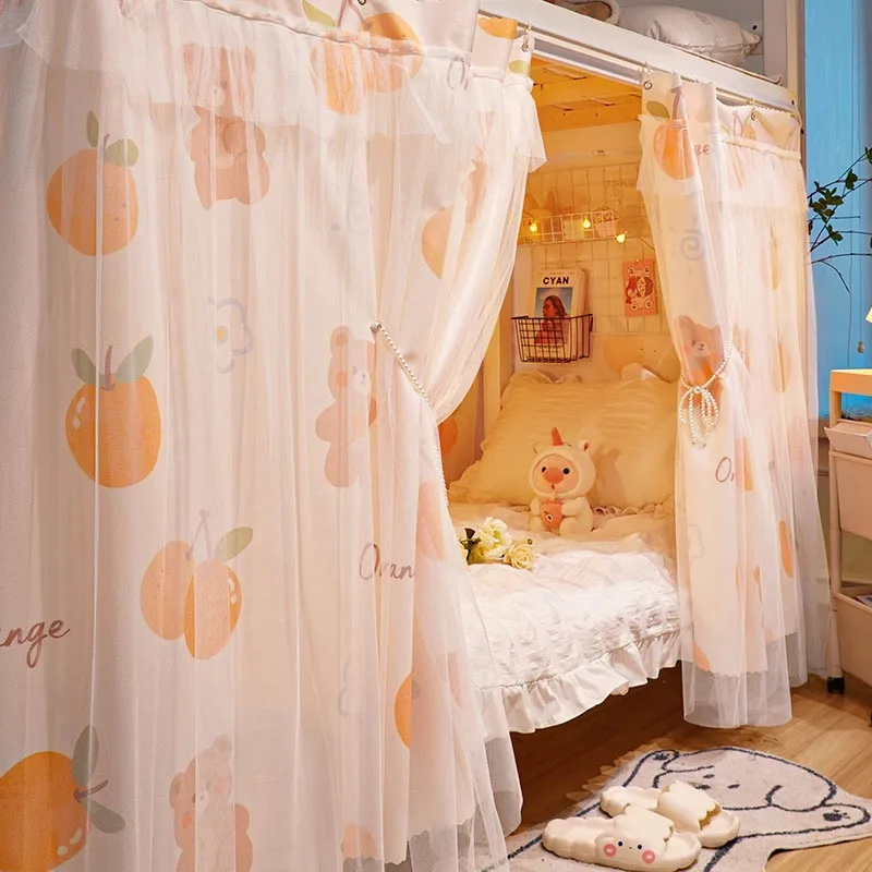 High quality princess style cartoon flower printing gauze bed curtains high shading single door upper down bed dust bedspread