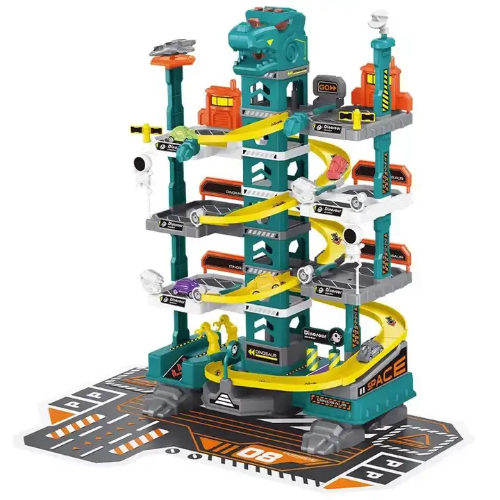 Factory price assembled diy slot toy dinosaur track parking lot toy with light and music