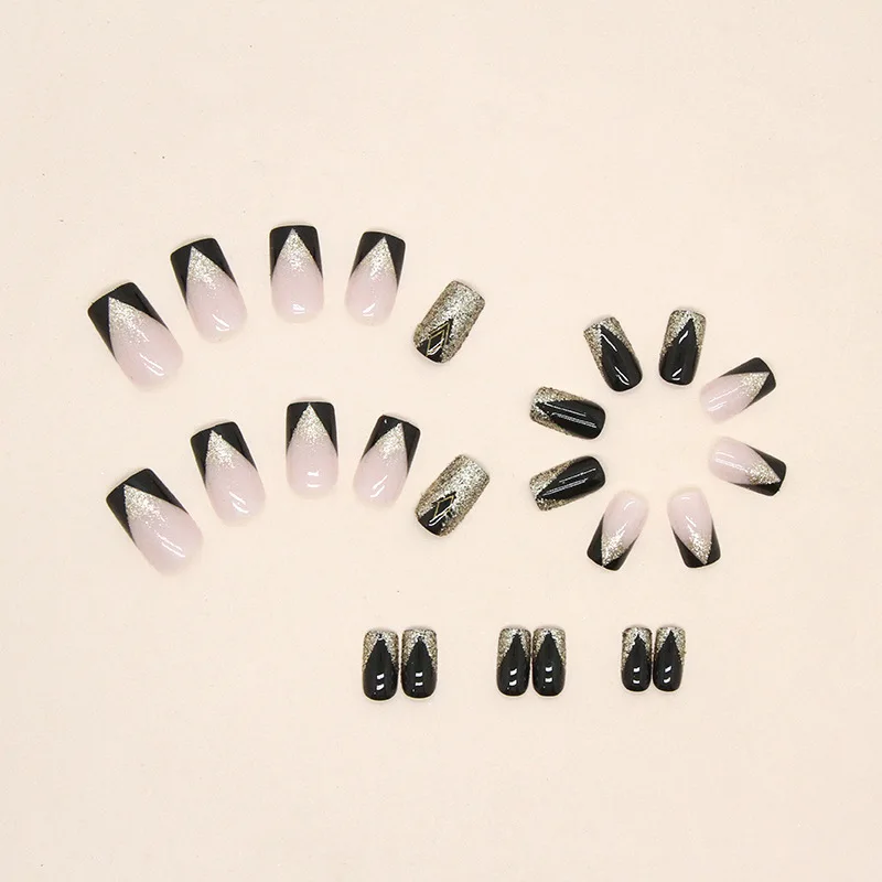 NEW hot design Black Gold Long Square Fakes Nails Designs Acrylic Glossy Nails Press On With Sequins