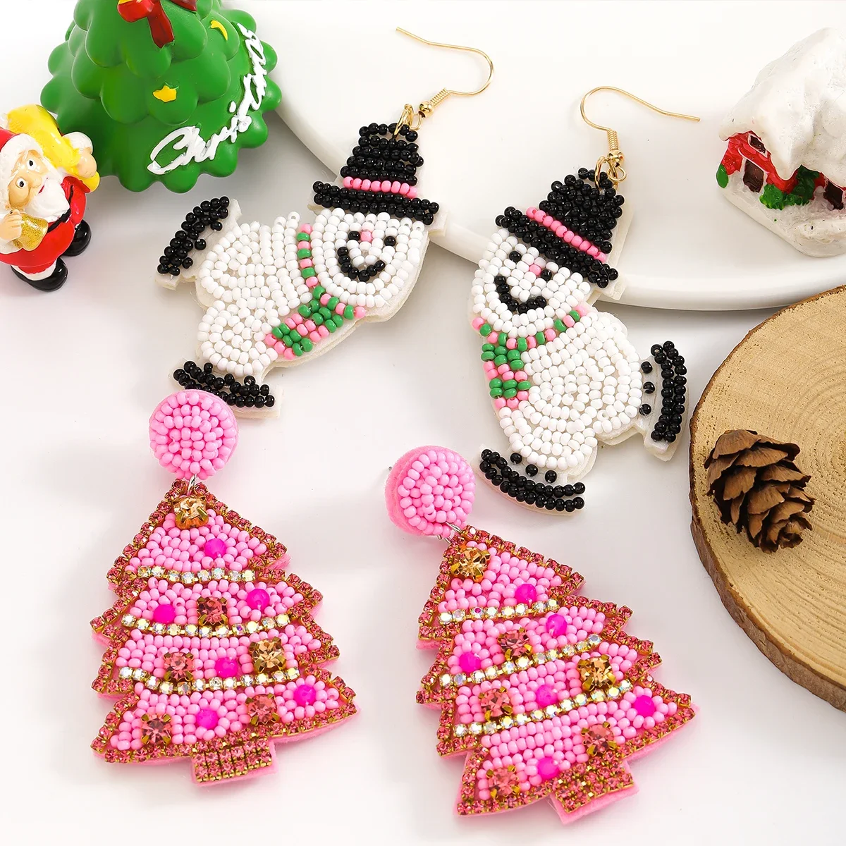 Pink Christmas Tree Funny Snowman Beaded Drop Women Trendy Stainless Steel Festival Party Jewelry Pearl Christmas Series Gift
