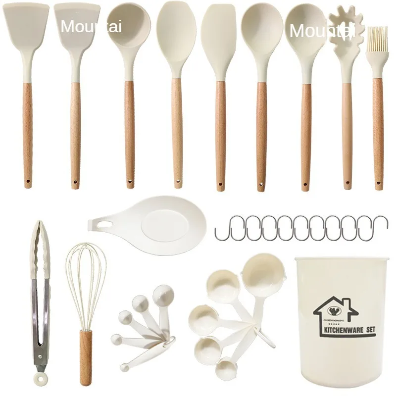 19-Piece Non-Stick Silicone Kitchenware Utensils Set Soup Spatula & Spoon Holder with Wood Handle PP PC Material Cooking Baking