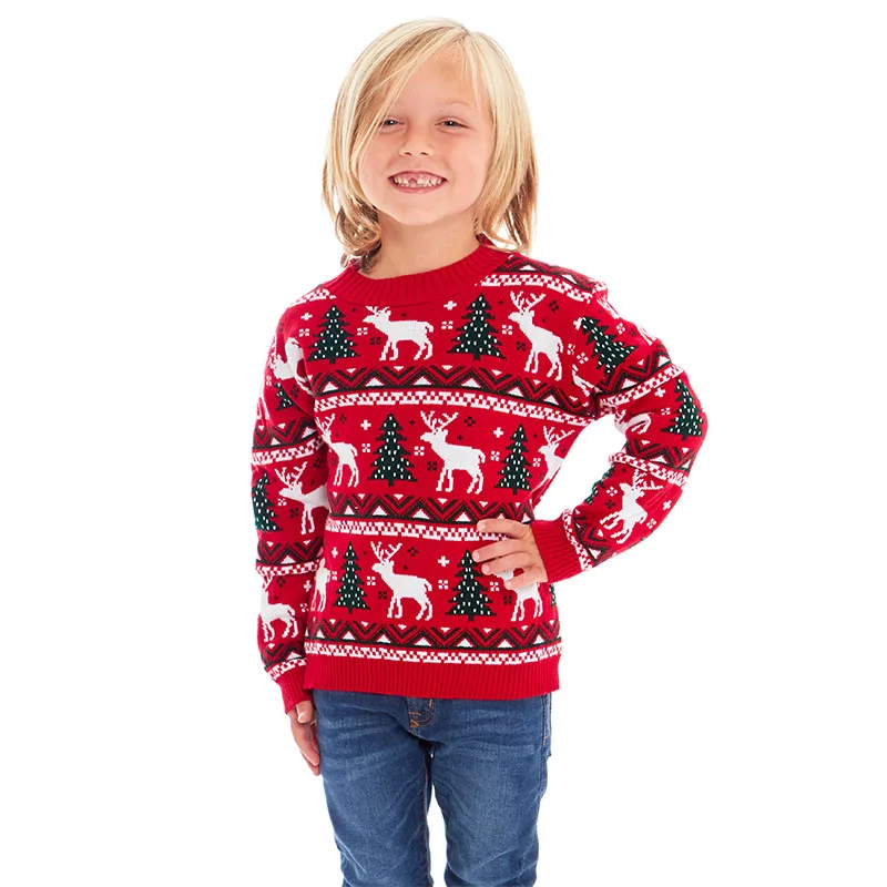 Custom FNJIA Boy & Girl kids winter sweaters Children cardigan sweater for kids full jacquard reindeer xmas jumper kids sweater