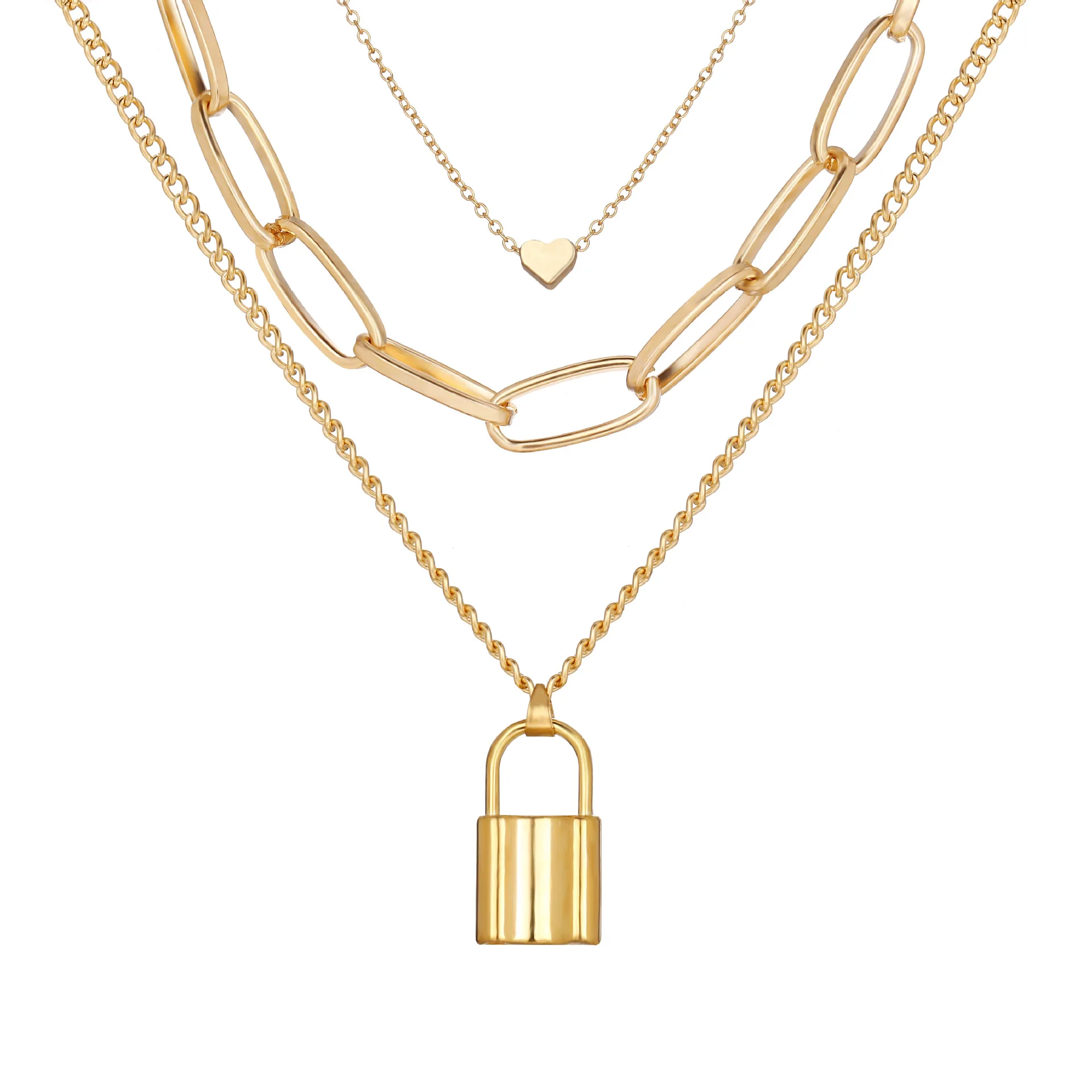Hot Selling 18K Gold Filled Chain Choker Jewelry Gold Plated Multilayer Lock Shaped Pendant Necklaces For Women
