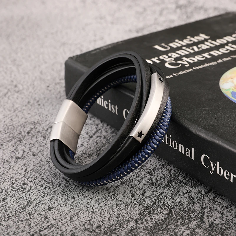 Stainless Steel Magnetic Closure Blue Round Leather Cord Chain Bracelet Men Woven Leather Bracelet for Anniversary