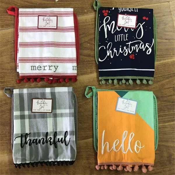 
100%cotton printed embroidery dish cloth kitchen towel with silicone pot holder heat resistant 420F kitchen set 