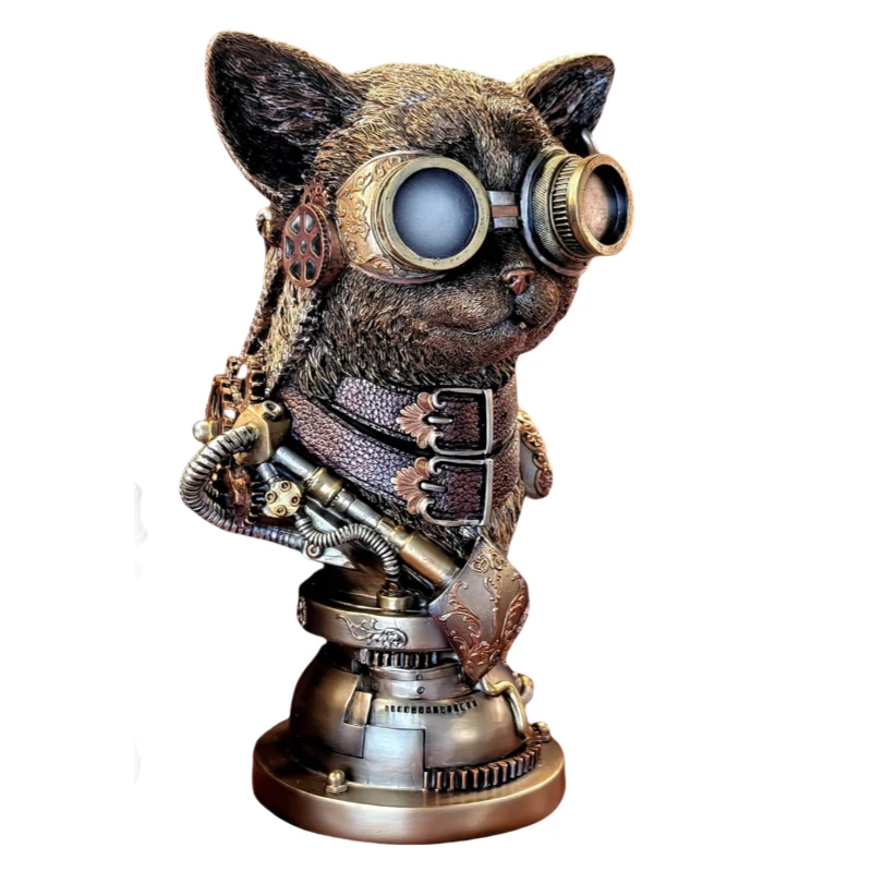 Animal art desktop ornament mechanical cat statue, steampunk cat figurine for office and study decoration