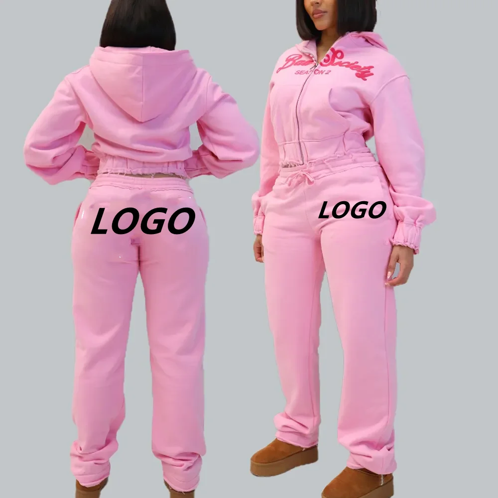 High quality cropped hoodie and sweatpants set women clothing set custom puff printing two piece pants set women tracksuits