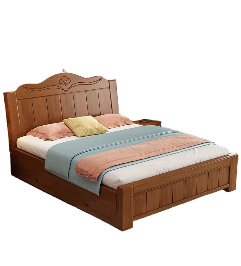 Wholesale Luxury Home Queen Double Wooden Beds Furniture Modern Cheap Bedroom Full King Size Solid Wood Bed