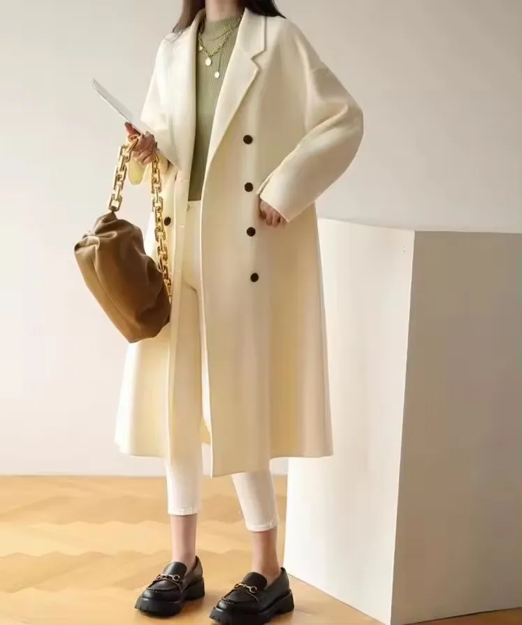 2024 Women Cashmere Long Coat Elegant Turn Down Collar Woolen Coat With Belt Open Stitch Design Winter Warm Coat Casaco Feminino