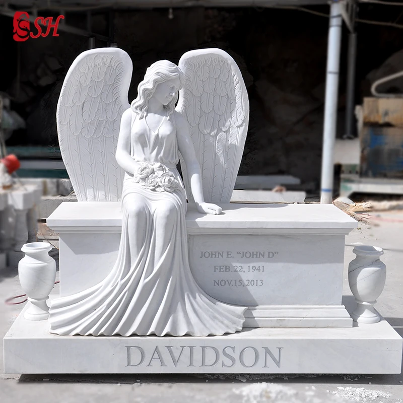 Customized Marble Tombstones Beautiful Sitting Angel Statue Monument For Cemetery