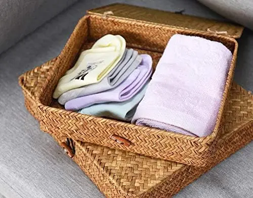 Seagrass Storage Basket Box with Lid Rectangular Woven Shelf Baskets Bins for Organize Snack Toys Set of 2 Natural Decorative