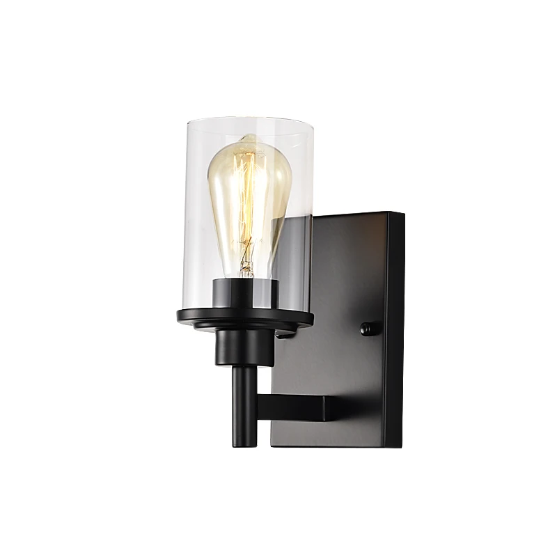 Matte Black Cylindrical Clear Glass Wrought Iron Metal Single Light Sconces Lights Bathroom Hallway Wall Sconce