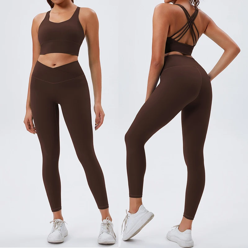 2024 Latest ECO Friendly Products Athletic Clothing High Waist Elastic Yoga V Cut Leggings And Bra Two Piece Set