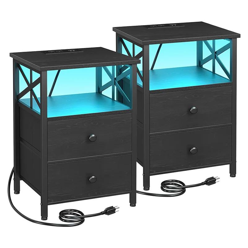 Black bedroom LED nightstand with fast charging station, living room side table with 2 drawers with USB port socket