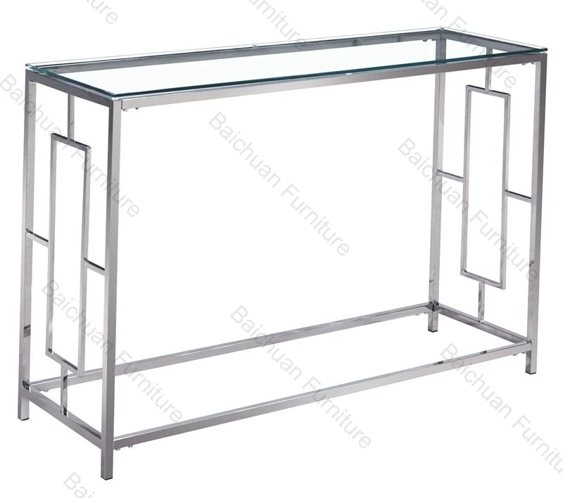 2024 classic stainless steel frame console table with clear glass top for living room furniture square entrance table