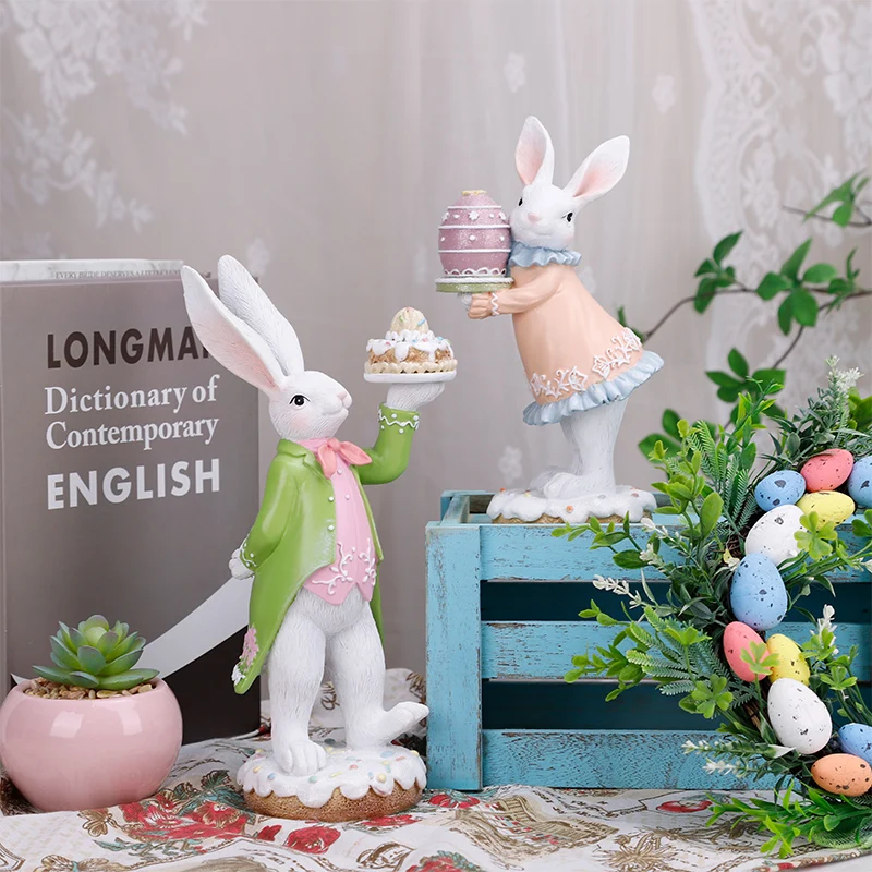 Redeco Hot Sale Spring Desktop Decorations Pink Cute Easter Bunny Figurine Resin Cartoon Rabbit Sculpture
