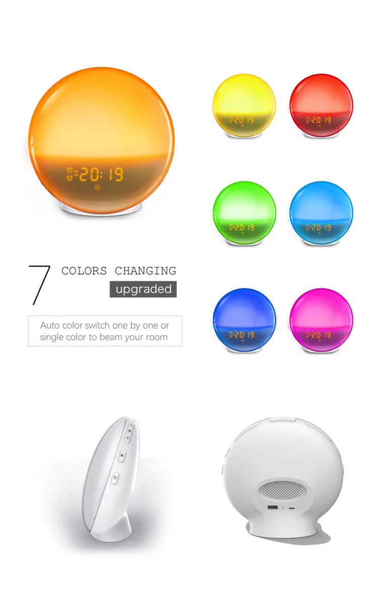Smart life APP Control bedroom led sunrise bedside wake up light colored sunrise simulation alarm clock with radio