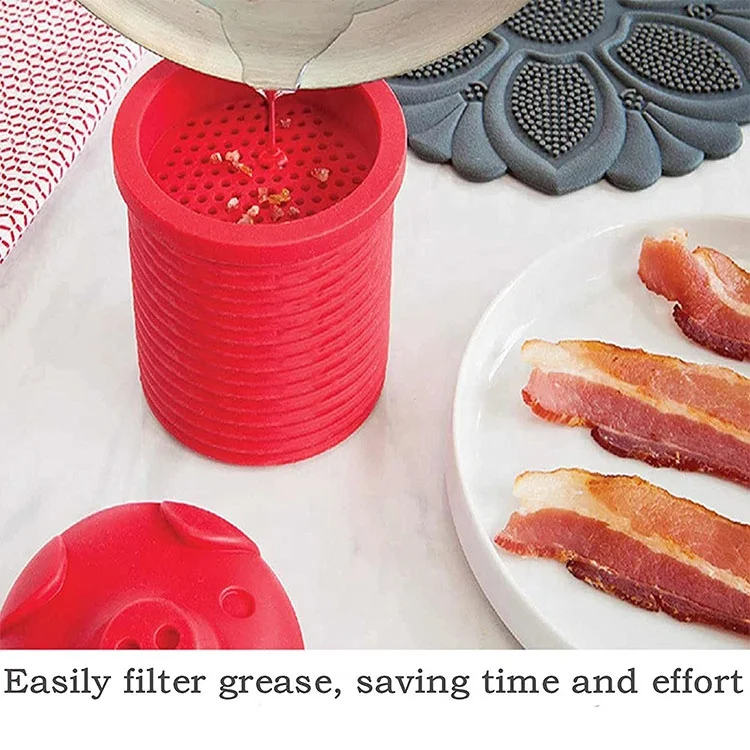 ODM&OEM 4.5&3.25&3.25 inch 5.3 ounces Red Pig-Shaped Bacon Grease Leacher Contenedor Silicone Container Family Kitchen Tools