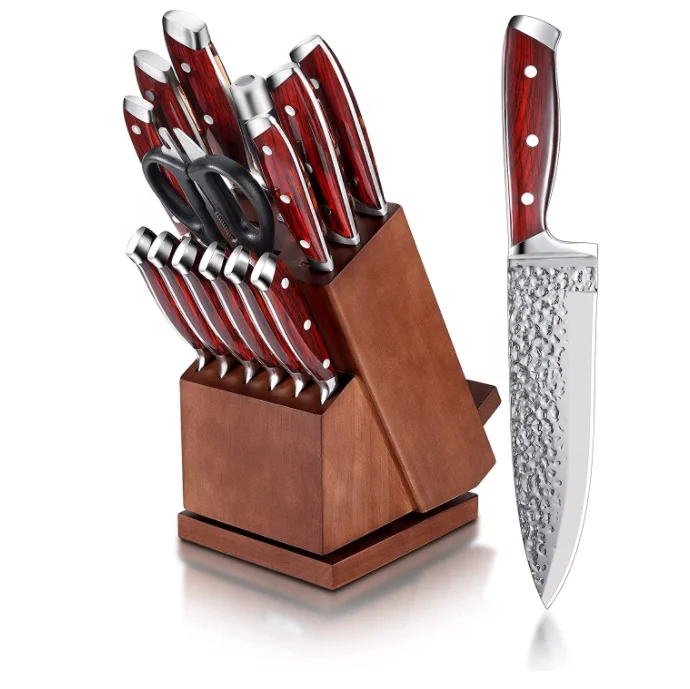 Full Tang Forged GERMAN STEEL X50CR15MOV 15pcs Red Kichen Knife sets with Rotating Acacia Wooden Block