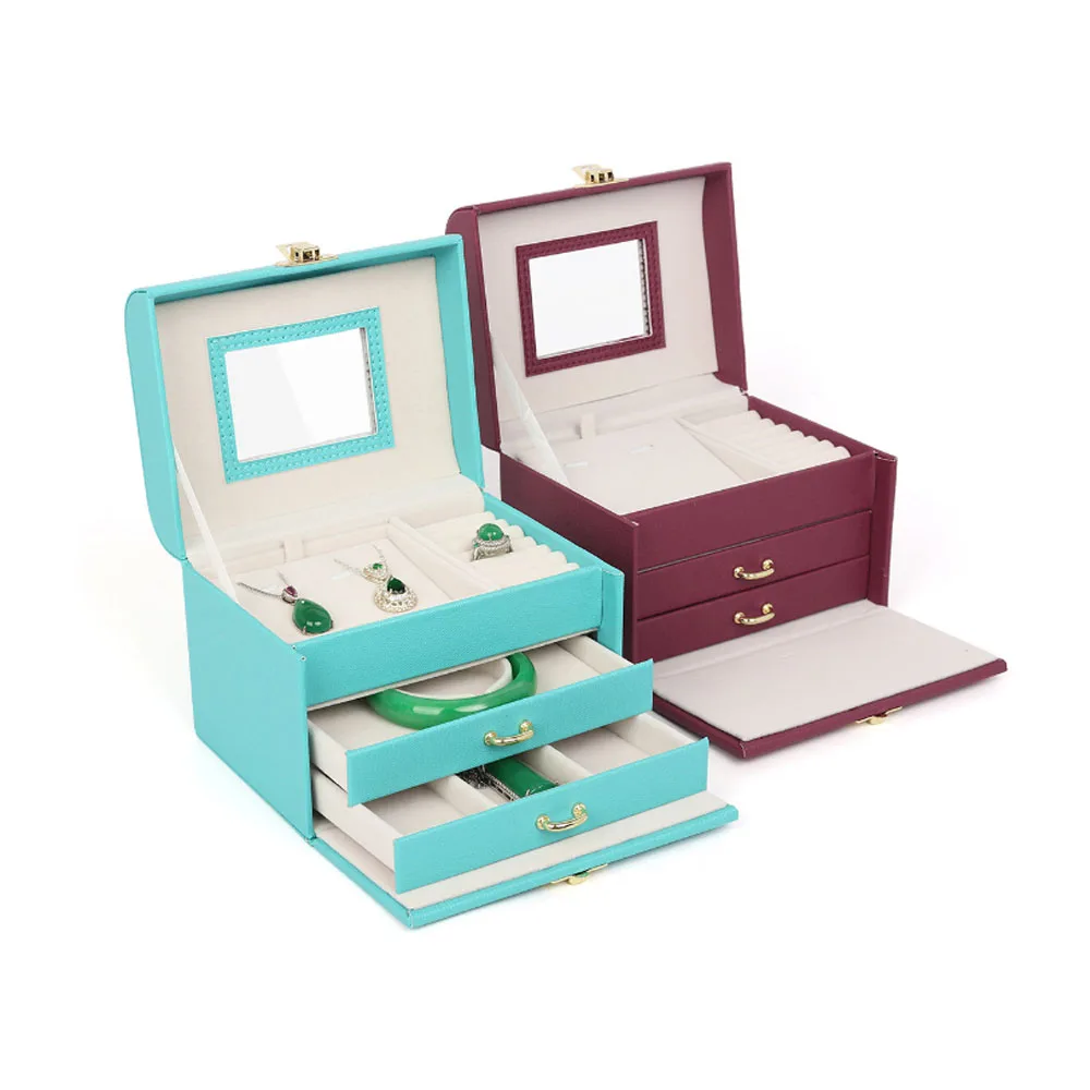 Travel jewelry  Boxes  Suit Factory Large Storage Leather Handmade Jewelry Box PU Leather Light Blue,wine Red