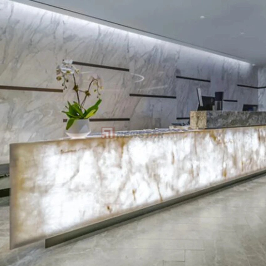 Newstar Natural Blue Onyx Backlight Translucency Stone Marble Reception Desk Hotel Counter Table