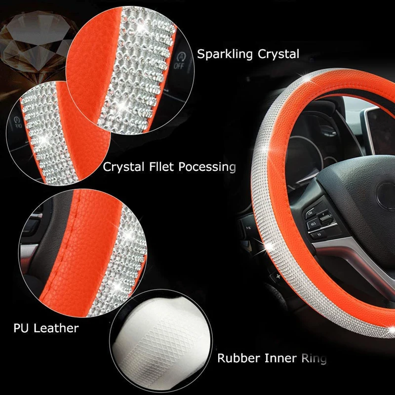 New Diamond Leather Steering Wheel Cover with Bling Bling Crystal Rhinestones Universal  Car Wheel Protector