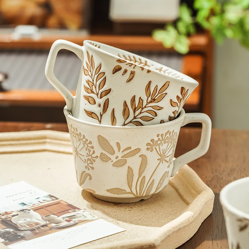 Wholesale Retro Ceramic Coffee Mug Plant Relief Design Creative Wide-Mouth Customized Cup Handle Tea Hot Porcelain Souvenirs