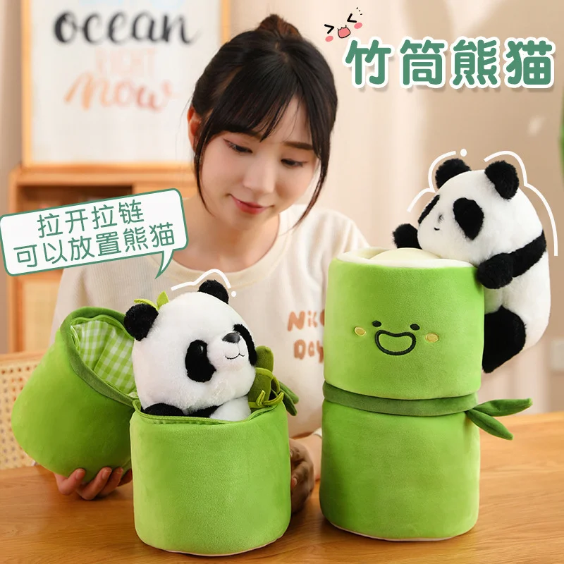 DOULUO Bamboo tube panda plush toy cute holding pillow hugging bamboo doll panda doll birthday gift