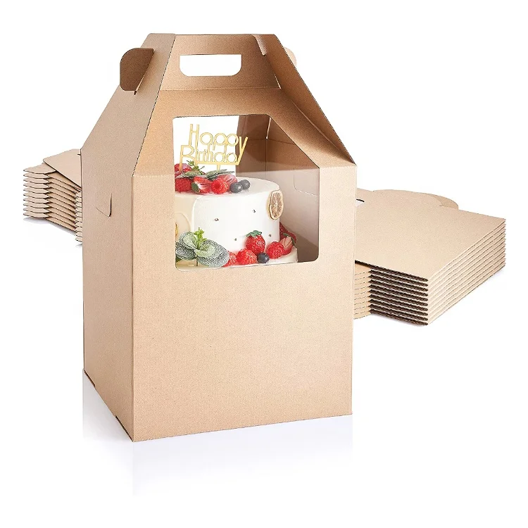 Custom Disposable 2 and 3 Tiered Layer Cardboard Tall Corrugated Cake Boxes with Handle And window