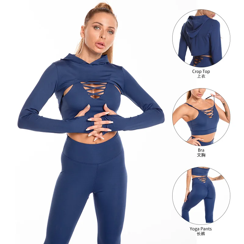 Hot selling hoodies tops pants vest 3 pieces exercise run quick dry casual Women Sports long sleeve gym wear Yoga Fitness sets