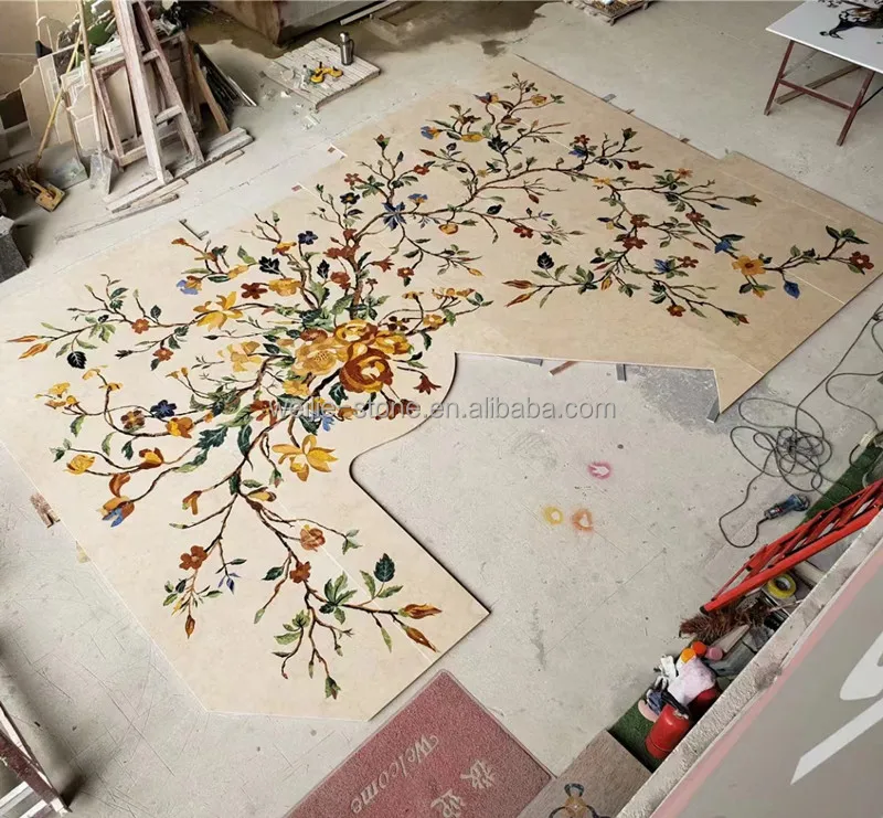 natural stone waterjet medallion special marble inlay flooring flower design curved marble tiles square water jet medallion