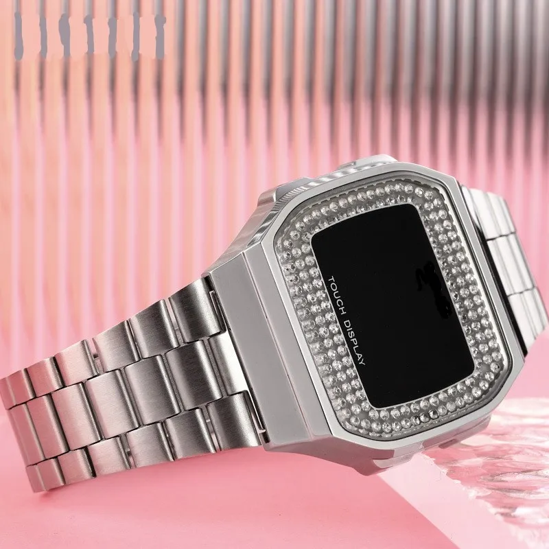 Classic Luxury Square Diamond Dial stainless steel band female LED electronic WristWatch