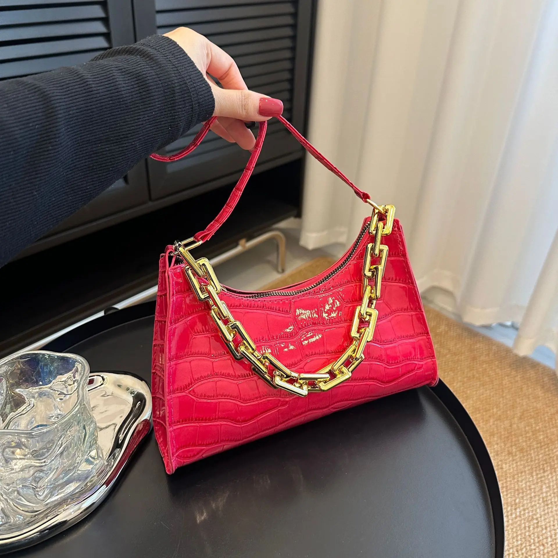 11 Colors Ladies Crocodile Pattern Zipper Handbag Shoulder Bag PU Leather Chain Handbag.