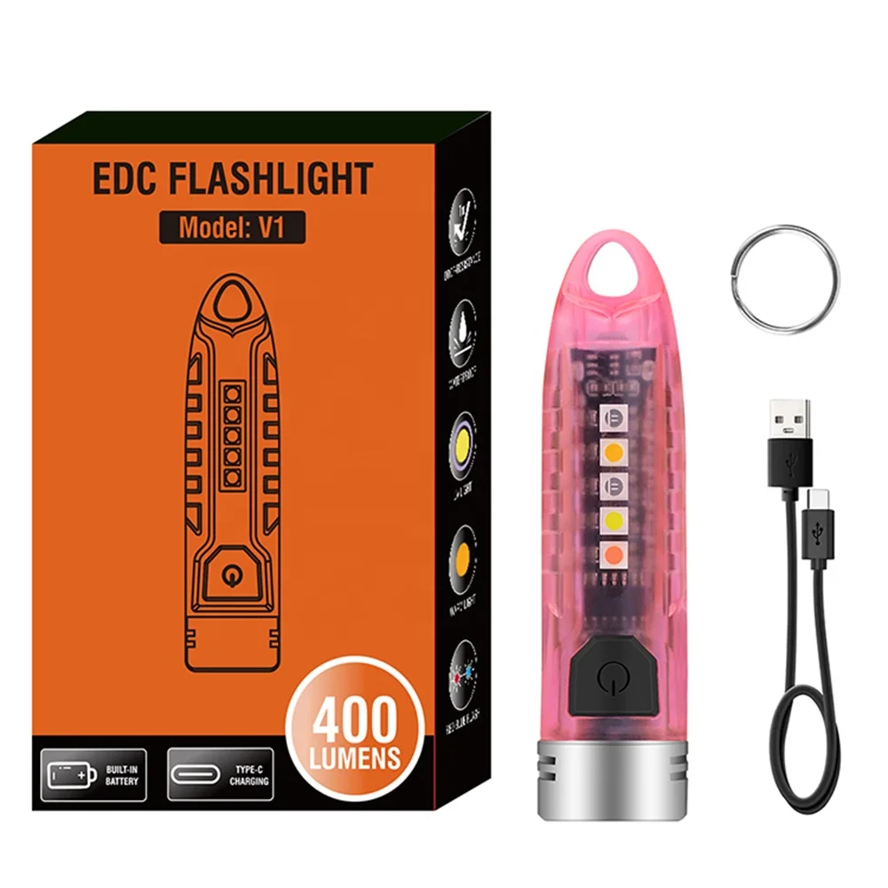EDC keychain flashlight type-c rechargeable flash lights 400 lumens small torch powerful Mini uv Flashlight