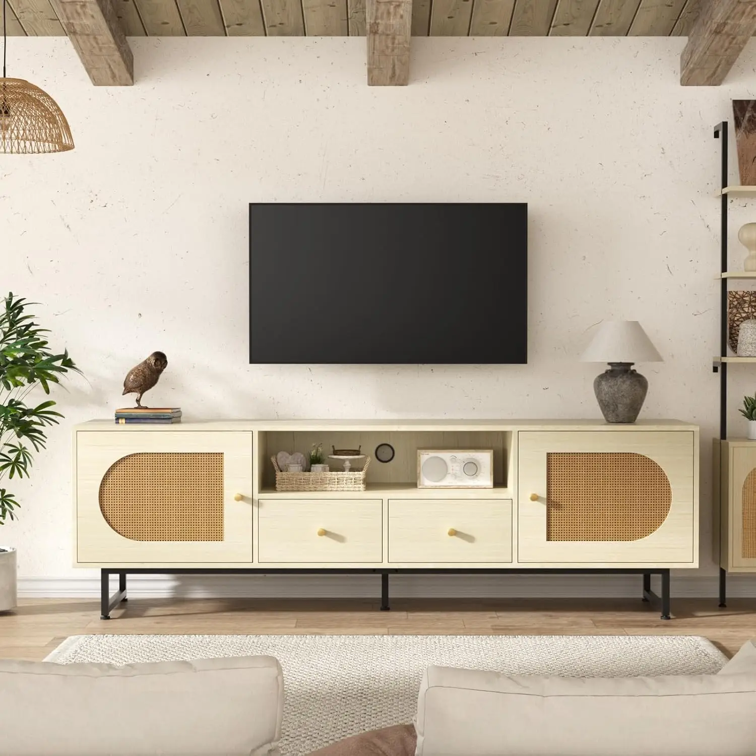 Long TV stand suitable for TVs, rattan entertainment center with storage cabinets and open shelves, modern TV console table